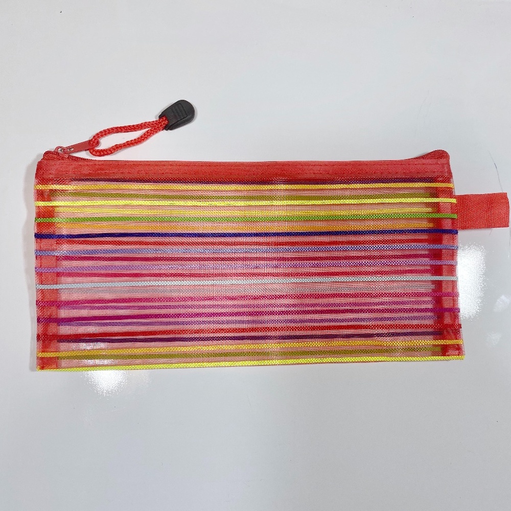 Mesh Red Zip Pouch Bag With Colorful Stripes